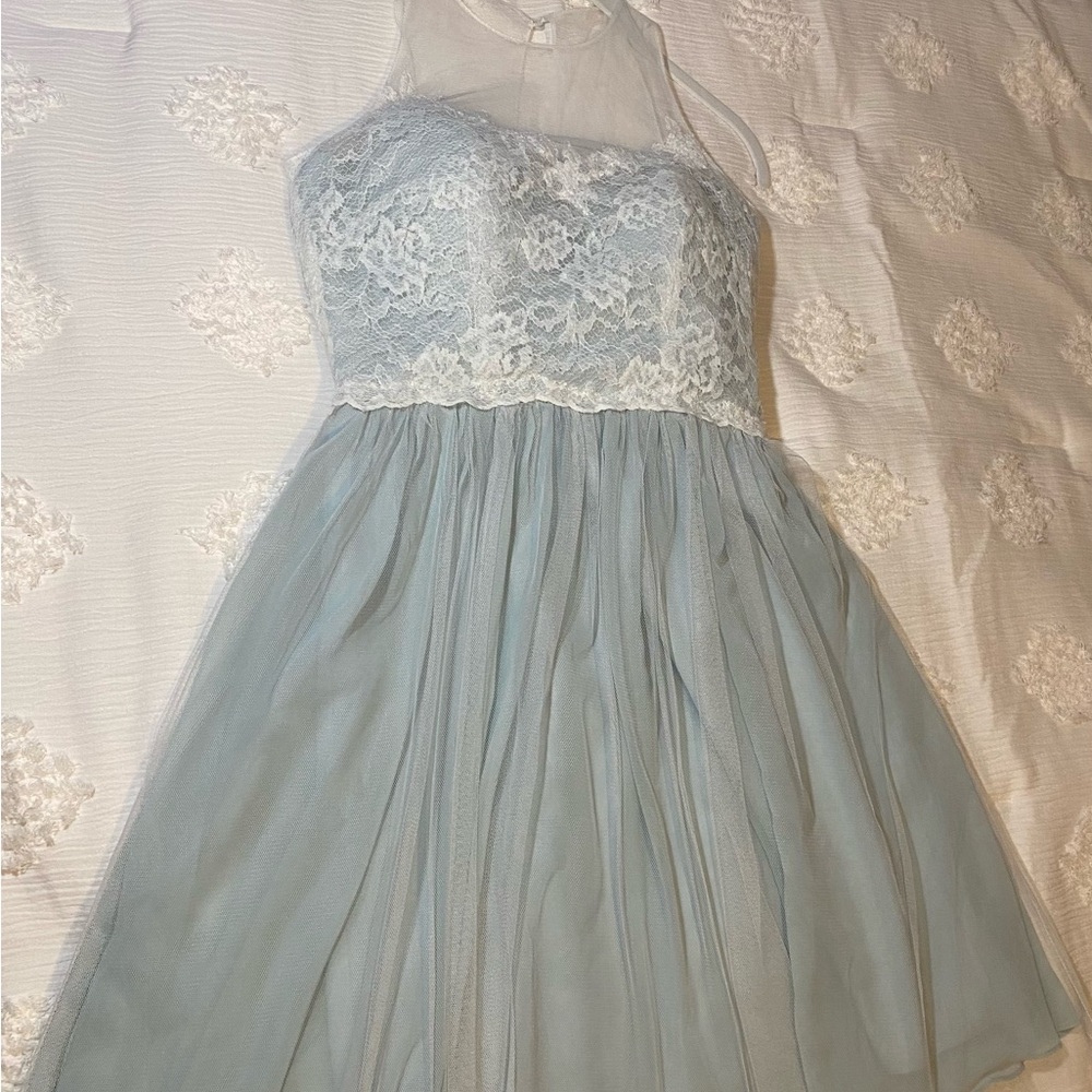 Bari Jay Misty Blue Style 1580-S Lace Chiffon Overlay Dress .